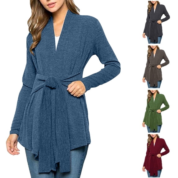 Juebong Womens Long Cardigan 2025 Fall Lightweight Long Sleeve Knit Cardigans Sweater Loose Open Front Belted Tunic Tops Blue,M