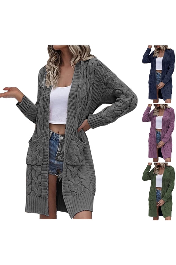 Womens Long Cardigan Sweaters Chunky Knit Open Front Long Sleeve Casual Duster Fall Winter Coat Jackets with Pockets Navy,M