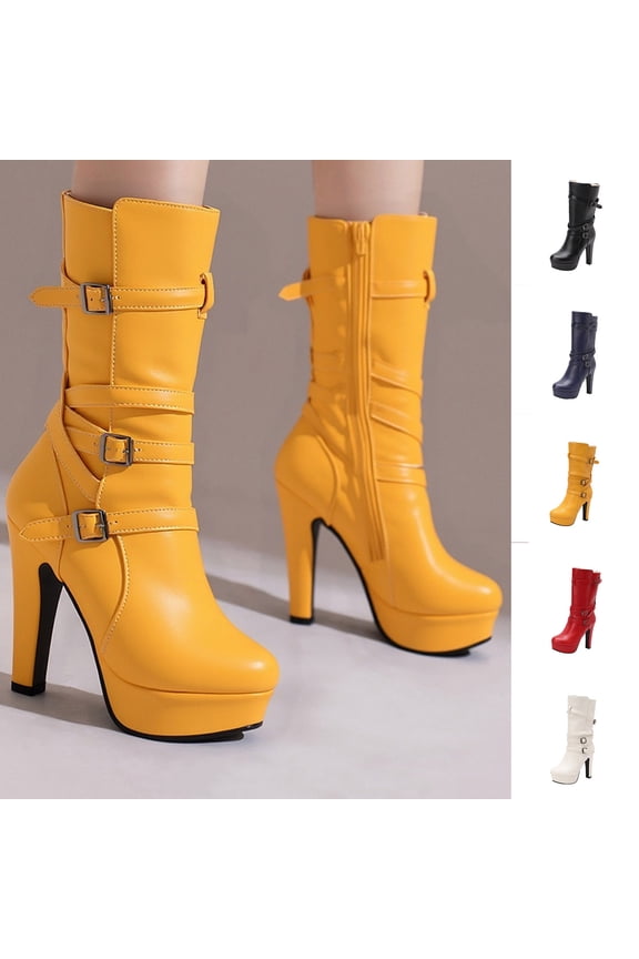 Womens Mid Knee High Boots Chunky High Heel Slouchy Metal Buckle Side Zipper Boots Fashion Solid Gothic Winter Shoes White,36