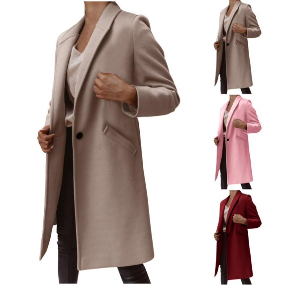 Juebong Womens Open Front Pea Coats Elegant Button Classic Lapel Long Trench Coats Loose Fall Winter Wool Blend Overcoats with Pockets Wine,M