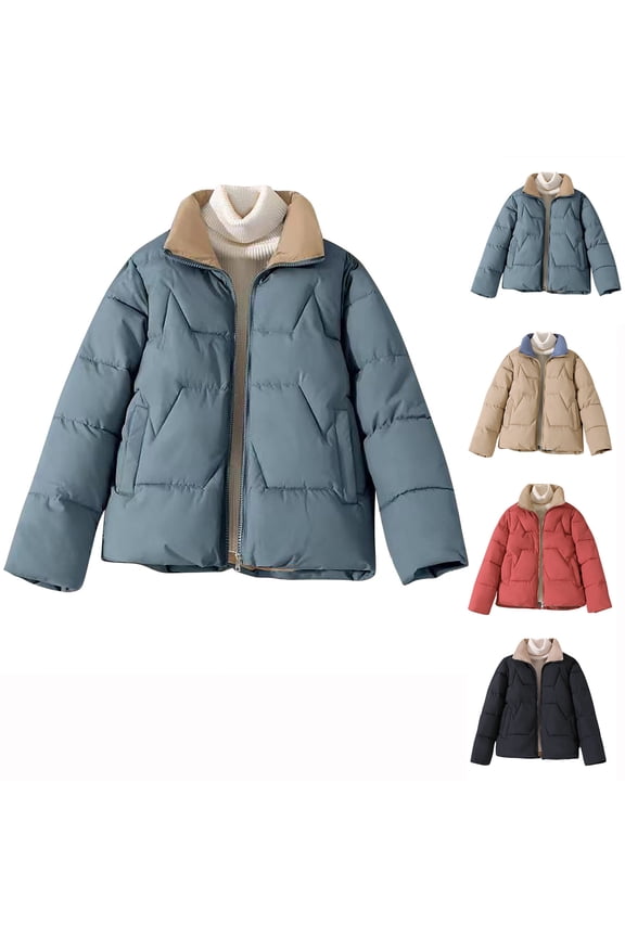 Womens Oversized Puffer Jacket Stand Collar Full Zip Cropped Bubble Puffy Down Jackets Quilted Padded Warm Coat Outwear Blue,XXL