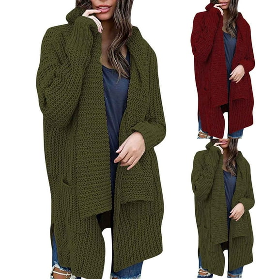 Juebong Womens Oversized Sweater Chunky Knit Long Sleeve Open Front Cardigans Fall Trendy Tunic Sweaters Top Outwear with Pockets Wine,S