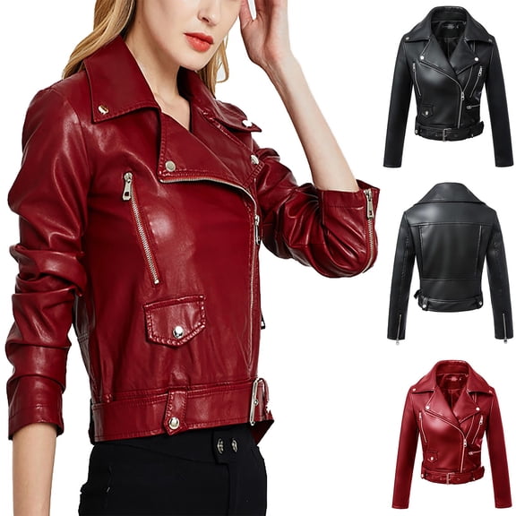 Juebong Womens PU Faux Leather Jackets Cropped Motorcycle Casual Coats Lapel Collar Short Fall Trendy Zip Up Clothes Outerwear Wine,S