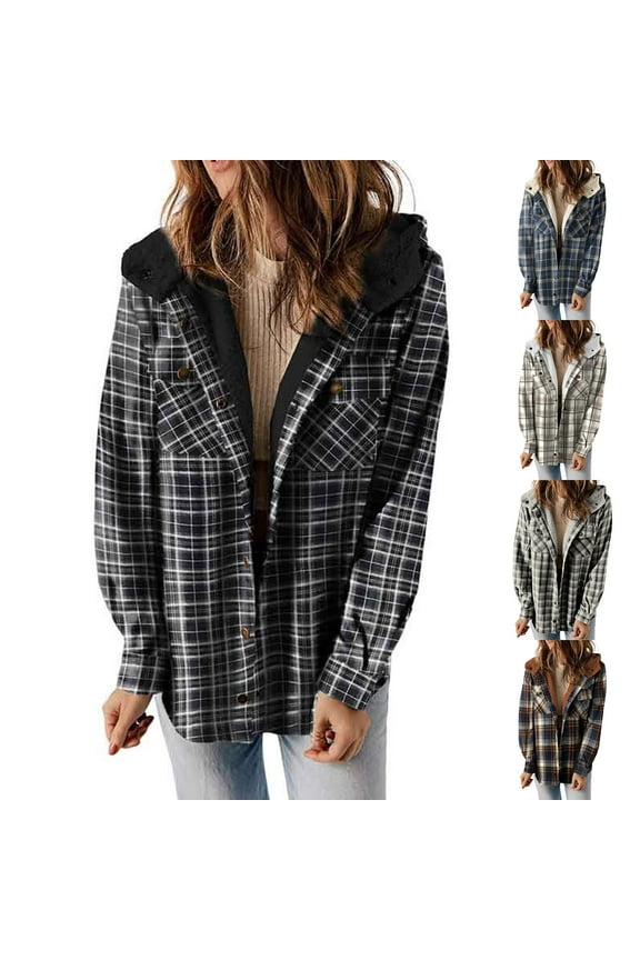 Womens Plaid Shacket Jacket Sherpa Lined Flannel Jackets Oversized Button Up Fuzzy Shirt Fleece Hooded Warm Coat Blue,XXL