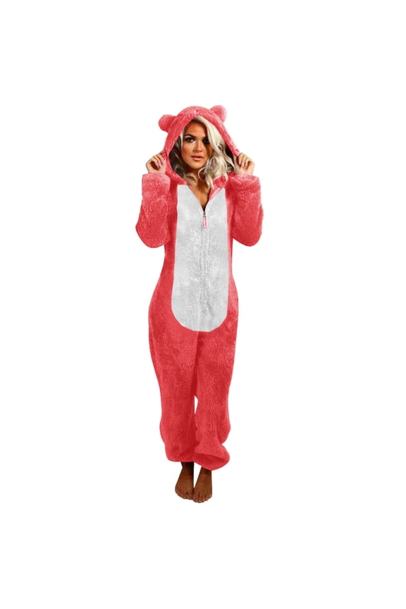 Womens Plush Hooded Jumpsuit Sherpa Fuzzy Pajamas Long Sleeve Cute Cat One Piece Onesie Winter Warm Rompers Sleepwear