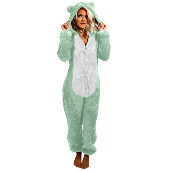 Juebong Womens Plush Hooded Jumpsuit Sherpa Fuzzy Pajamas Long Sleeve One Piece Onesie Winter Warm Rompers Sleepwear