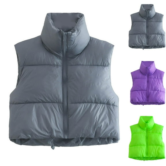 Juebong Womens Puffer Vest Stand Collar Sleeveless Puffy Cropped Vests Lightweight Bubble Quilted Vests Winter Warm Outerwear Gray,M