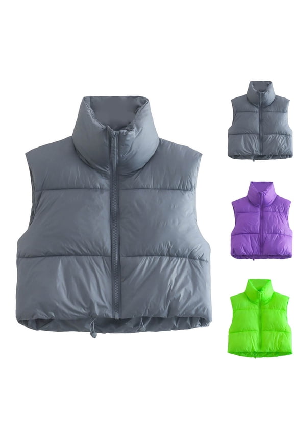 Womens Puffer Vest Stand Collar Sleeveless Puffy Cropped Vests Lightweight Bubble Quilted Vests Winter Warm Outerwear Purple,S