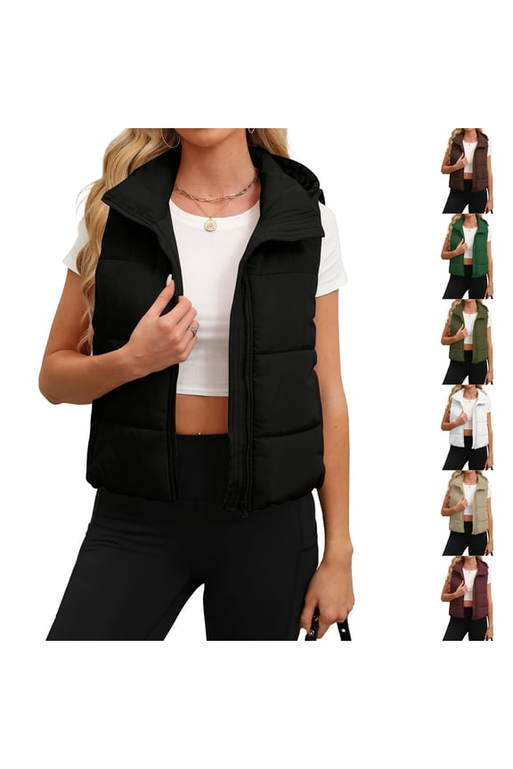 Womens Puffer Vest with Removable Hood Sleeveless Winter Cropped Outerwear Stand Collar Lightweight Bubble Quilted Vests Khaki,XXL