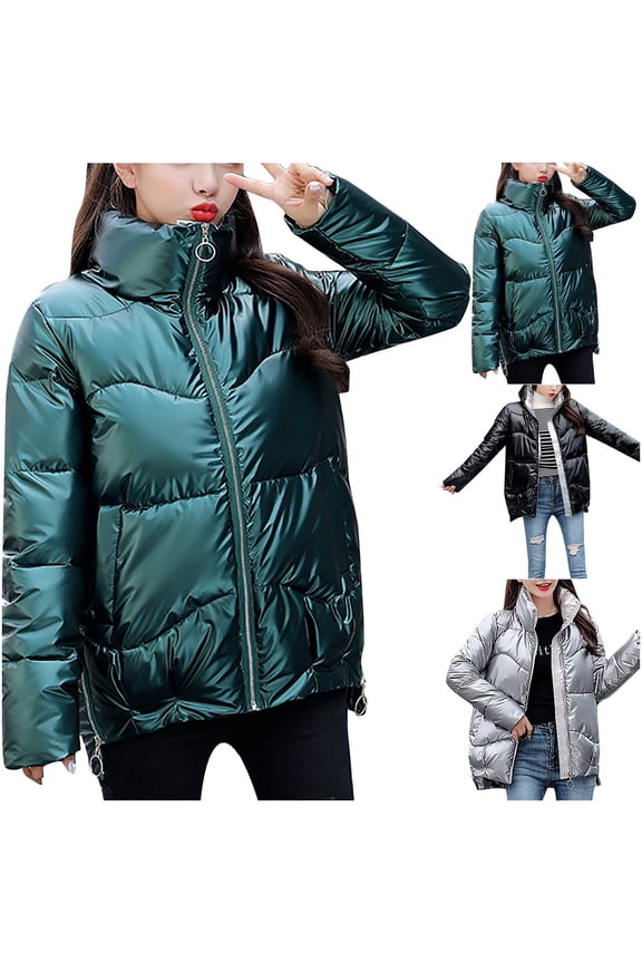 Womens Quilted Jacket Zip Up Metal Color Warm Winter Down Coats Windproof Oversized Short Puffer Jackets Casual Outerwear Silver,XXL