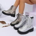 thumbnail image 1 of Juebong Womens Sequin Sparkle Lace-Up Combat Boots Chunky Low Heel Lug Sole Ankle Boots Glitter Short Booties Gray,41, 1 of 8