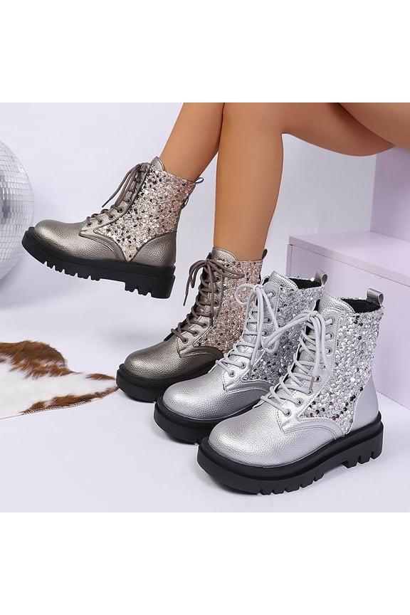 Womens Sequin Sparkle Lace-Up Combat Boots Chunky Low Heel Lug Sole Ankle Boots Glitter Short Booties Silver,36