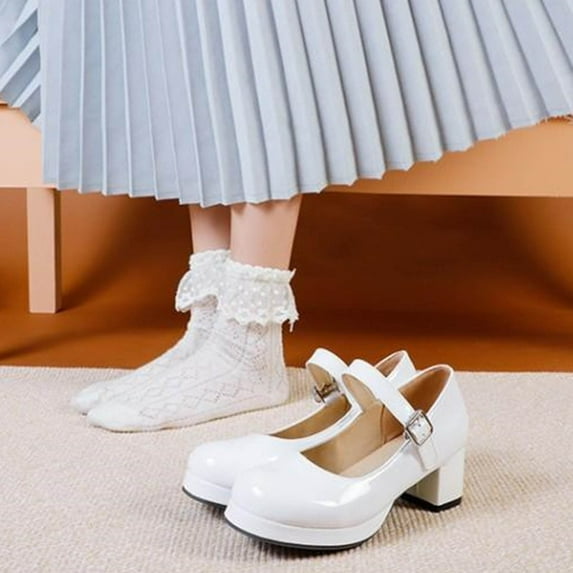 Juebong Womens Shoes Patent Leather Chunky Heeled Pumps Rounded Toe Ankle Strap Dress Shoes White,42