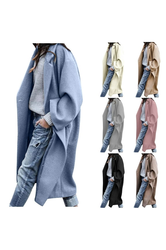 Womens Winter Pea Coat Button Long Wool Blend Coat Notch Lapel Long Sleeve Trench Coat Oversized Peacoat Overcoat Black,M