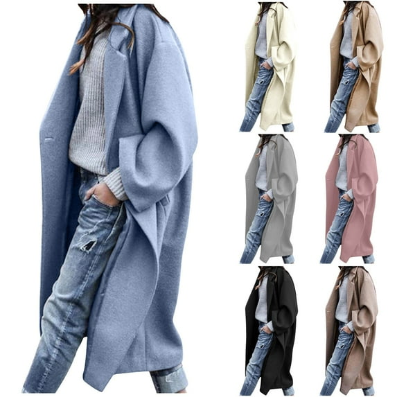 Juebong Womens Winter Pea Coat Button Long Wool Blend Coat Notch Lapel Long Sleeve Trench Coat Oversized Peacoat Overcoat Coffee,M