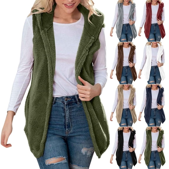 Juebong Womens Winter Vest Open Front Sleeveless Cardigan Fuzzy Fleece Hoodie Jacket Warm Sherpa Vest Coats with Pockets White,XXL