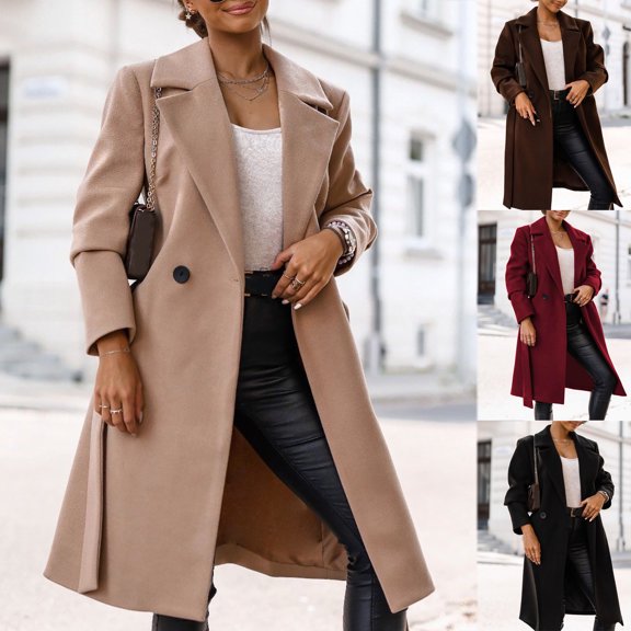 Juebong Wool Blend Pea Coats for Women Notched Lapel Collar Belted Trench Coats Casual Mid Long Overcoat Jacket with Pockets Khaki,XXL