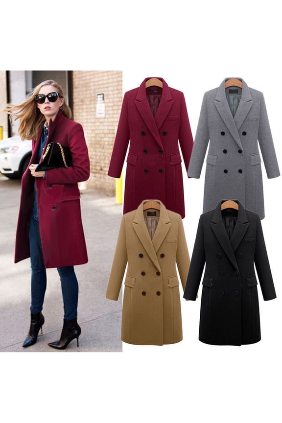 Wool Coats for Women 2025 Double Breasted Trench Coat Mid Long Classic Lapel Windproof Peacoat Fall Fashion Jackets Black,XL