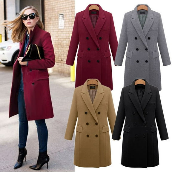 Juebong Wool Coats for Women 2025 Double Breasted Trench Coat Mid Long Classic Lapel Windproof Peacoat Fall Fashion Jackets Khaki,XL