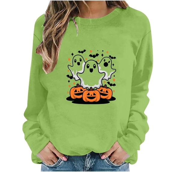 Juebong fashion Halloween Pullover for Womens Cute Stacked Ghost Jack O Lantern Graphic Sweatshirt Crewneck Solid Color Basic Tops Loose Fit Long Sleeve Casual for Events Fall Daily Matching Clothes