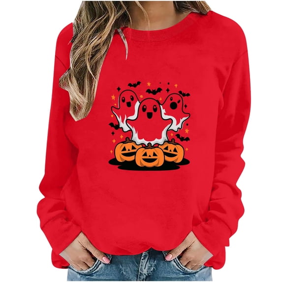 Juebong fashion Halloween Pullover for Womens Cute Stacked Ghost Jack O Lantern Graphic Sweatshirt Crewneck Solid Color Basic Tops Loose Fit Long Sleeve Casual for Events Fall Daily Matching Clothes