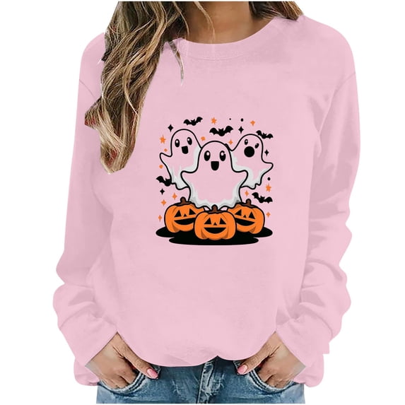 Juebong fashion Halloween Pullover for Womens Cute Stacked Ghost Jack O Lantern Graphic Sweatshirt Crewneck Solid Color Basic Tops Loose Fit Long Sleeve Casual for Events Fall Daily Matching Clothes