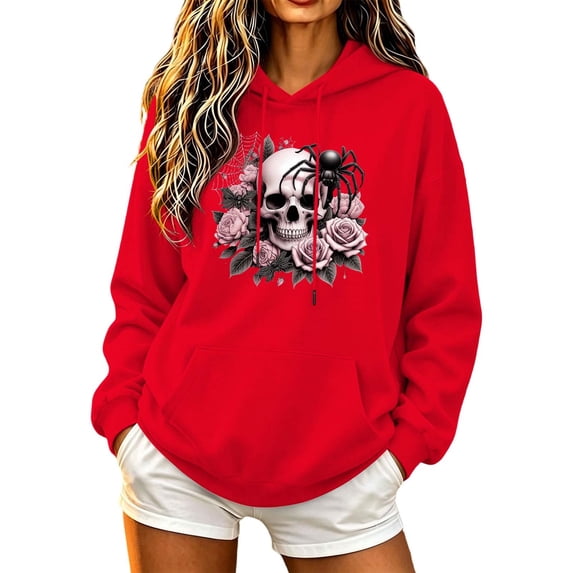 Juebong fashion Women's Graphic Halloween Hoodie Drawstring Solid Color Long Sleeve Sweatshirt Oversized Kangaroo Pocket Hooded Pullover Casual Fall Retro Floral Skull Square Frame Printed Outwear