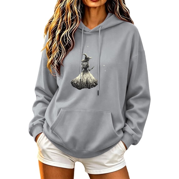 Juebong fashion Women's Graphic Halloween Hoodie Vintage Distressed Dark Tone Witch Printed Sweatshirt Solid Color Long Sleeve Hooded Pullover with Kangaroo Pocket Loose Fit Casual Fall Outwear