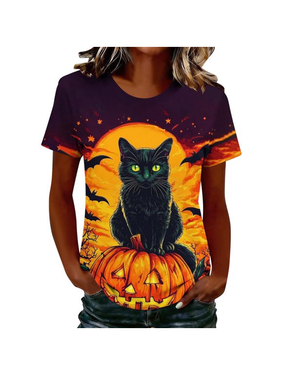 Women's Halloween Tops Casual Short Sleeve Round Neck Blouses Sunset Black Cat Sitting On Jack O Lantern Print Graphic Solid Shirts Loose Fit Work Trendy Holiday Daily Party Wear