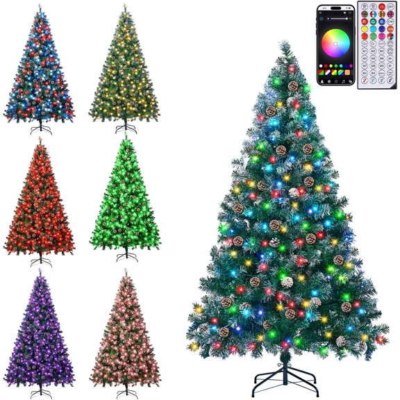 Juegoal 6 FT Pre-lit Christmas Tree with 250 LED Smart Lights, App Control | Remote & Music Sync Artificial Xmas Snow Tree with Pinecone, 847 Branch Tips, Plug in for Home Party Indoor/Outdoor Decor