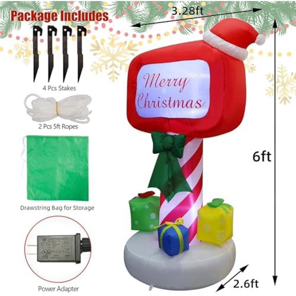 Juegoal Christmas Inflatables Decorations Outdoor, 6FT Inflatable Xmas Mailbox with Built-in LED Lights, Lighted Blow Up Letters to Santa Mail Box, for Holiday Winter Lawn Yard Garden Decor