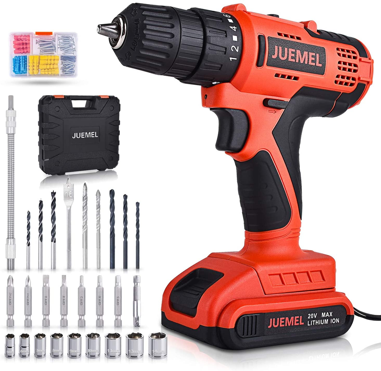 Juemel 20V Cordless Drill Driver with 100Pcs Accessories, Electric Power Drill Set - Variable Speed Trigger, 3/8'' Keyless Chuck and 2000mAh Lithium-Ion Battery