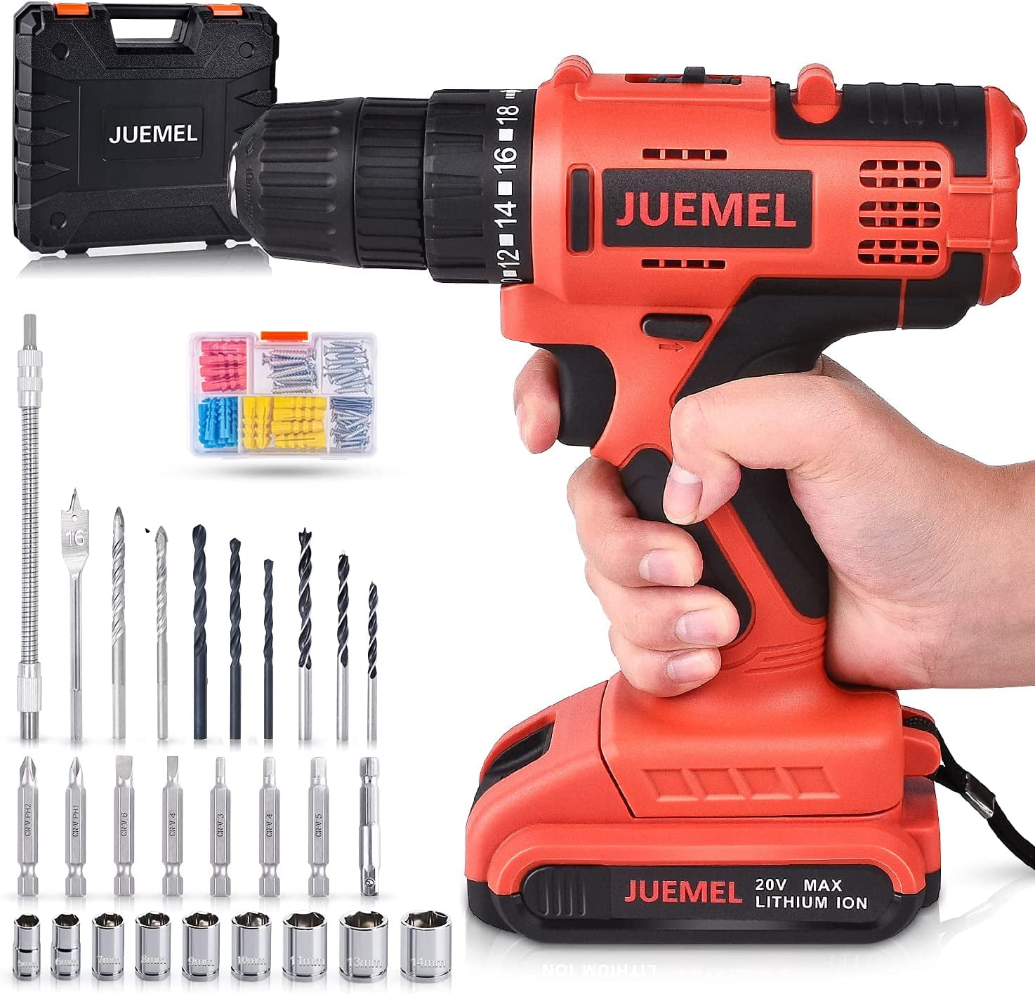 Juemel 20V Cordless Drill Driver Set 3/8'' Chuck, Power Drill Kits with  Tool Box, Variable Speed, Keyless Chuck, with 100Pcs Accessories 
