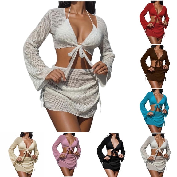 Juesizh 4PC Bikini Set for Women Halter Holiday Split High Waisted Casual Trendy Solid Color Bathing Swimsuit, S-L