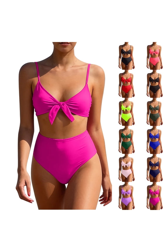 Bikini Set for Women Front Tie Bathing Suits Holiday Casual Padded Solid Color Bikini Swimsuit, S-XL