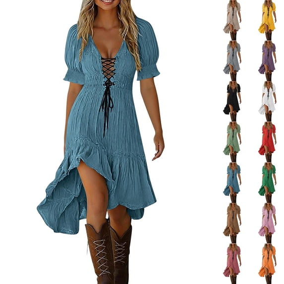 Juesizh Boho Dresses for Women Holiday Solid Color Summer Dress Fashion Casual Asymmetric Skirt Hem Dress, S-2XL