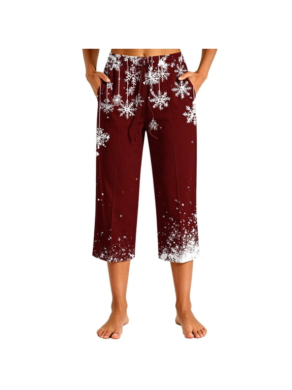 Christmas Womens Plus Size Pajama Pants Drawstring Elastic Waist Casual Loose Loungewear Sleep Capris, S-3XL