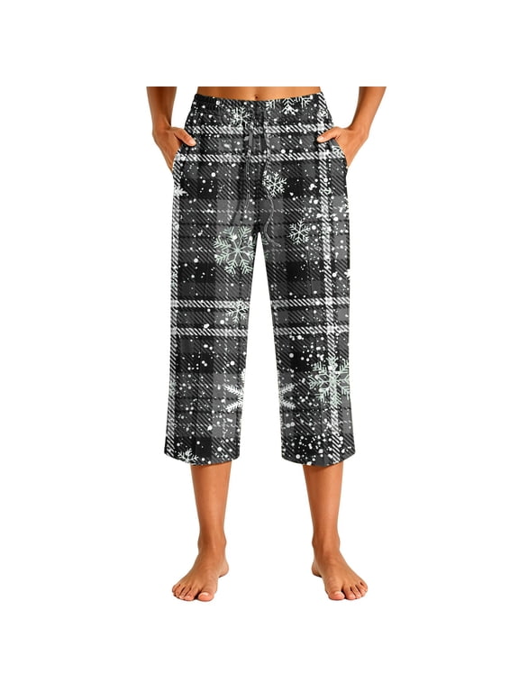 Christmas Womens Plus Size Pajama Pants Drawstring Elastic Waist Casual Loose Loungewear Sleep Capris, S-3XL