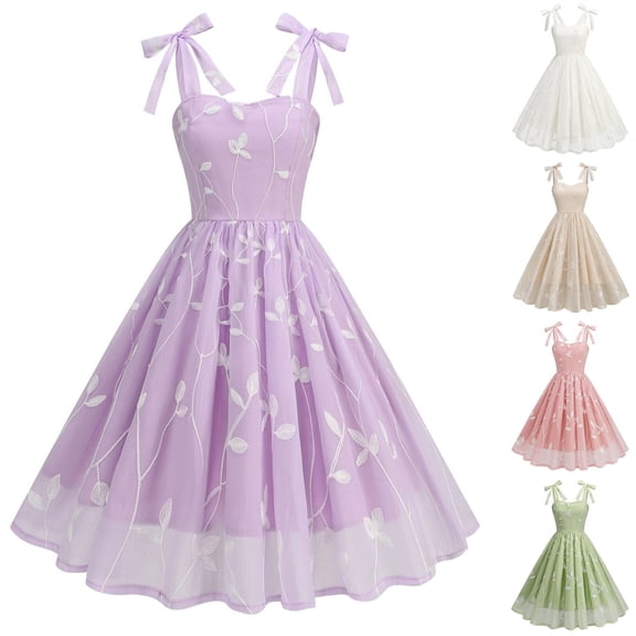 Juesizh Cocktail Dresses for Women Hepburn Bow Straps Sleeveless Midi Dresses Fashion Vintage Embroidery Printed Tea Party Dress, S-2XL