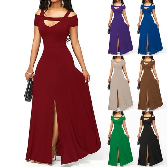 Juesizh Cocktail Dresses for Women Summer Short Sleeve Evening Dresses Spicy Girl High Elasticity Solid Color Maxi Party Dress, S-L
