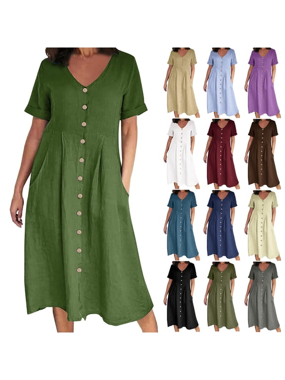 Cotton Linen Dress for Women Plus Size V Neck Button Down Midi Dress Breathable Comfy Short Sleeve Solid Color Pockets Summer Dress, S-5XL