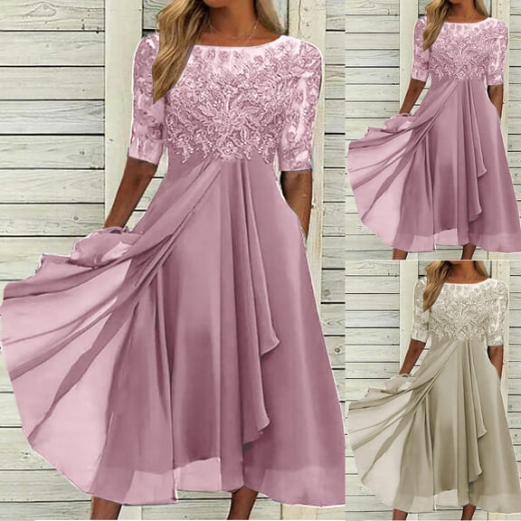 Juesizh Dresses for Women Plus Size Casual Crew Neck Half Sleeve Midi Dress Fashion Flowy Lace Chiffon Patchwork Summer Dress, S-3XL