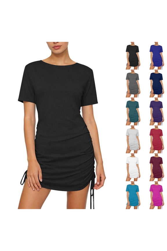 Dresses for Women Plus Size Round Neck Mini Dress Fashion Stretch Solid Color Side Drawstring Summer Dress, S-3XL