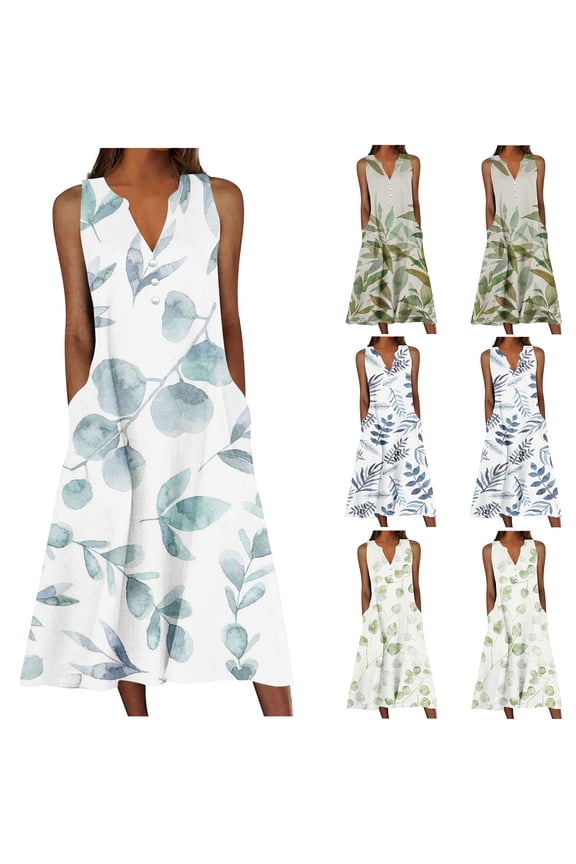 Dresses for Women Plus Size V Neck Sleeveless Maxi Dress Fashion Loose Leaf Print Designed Summer Casual Dress, S-3XL