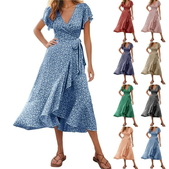 Juesizh Dresses for Women V Neck Short Sleeve Midi Dress Casual Fashion Floral Printed Waist Defining Summer Dress, S-2XL