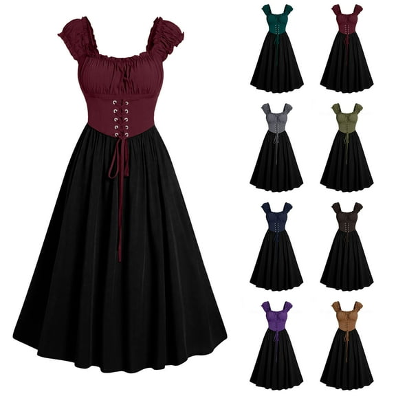Juesizh Gothic Dress for Women Medieval Square Collar Sleeveless Dresses Shaping With Straps Solid Color Vintage Dress, S-2XL
