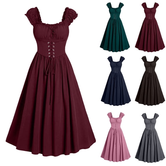 Juesizh Gothic Dress for Women Medieval Square Collar Sleeveless Dresses Shaping With Straps Solid Color Vintage Dress, S-2XL
