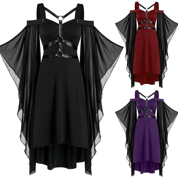 Juesizh Gothic Dress for Women Plus Size Medieval Punk Strape Dresses Revival Stage Halloween Patchwork Vintage Dress, L-5XL