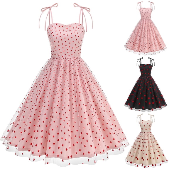 Juesizh Holiday Dresses for Women Straps Sleeveeless Big Puffy Midi Dress Fashion Cute Valentines Day Heart Printed Designed Tea Party Dress, S-2XL