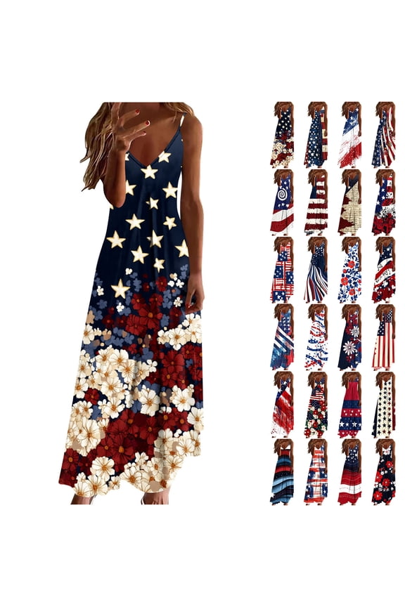 Independence Day Dresses for Women Plus Size Dress Casual Comfy Print V Neck Sleeveless Summer Maxi Dress, S-5XL